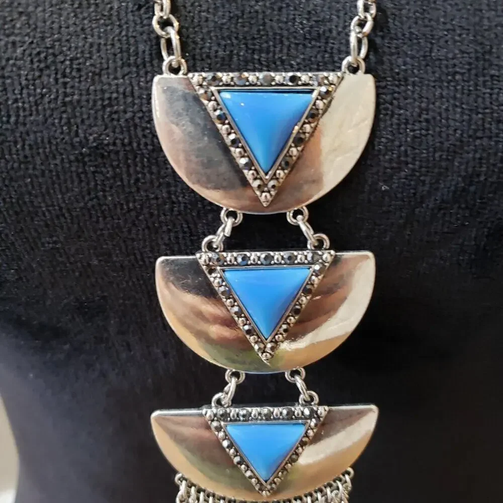 Womens Fashion Periwinkle Blue & Silver Tassel Necklace Jewelry w/ Lobster Clasp - Picture 5 of 7